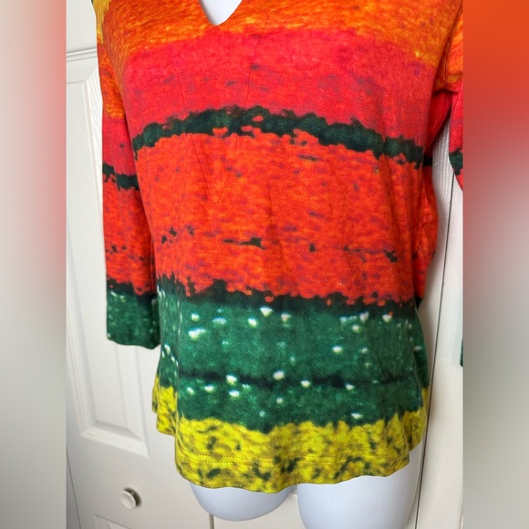 AKRIS Flower Field VNeck Blouse Shirt Top Colorful Floral Stripe Tee 3/4 Sleeve - Picture 5 of 11